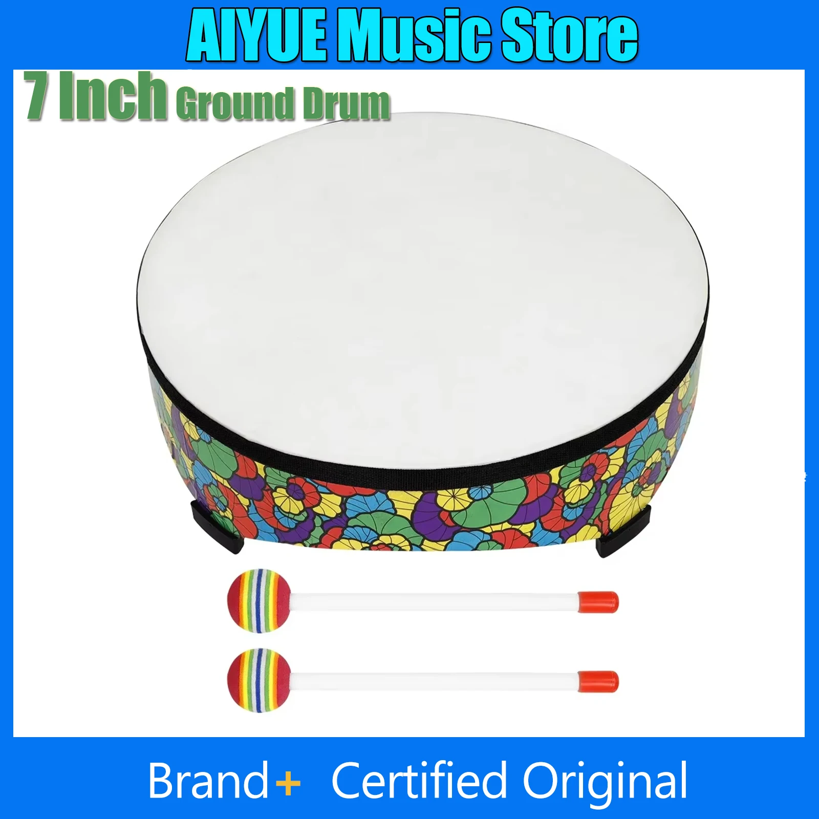 

7-дюймовый наземный барабан с цветной поверхностью из овечьей шкуры, бамбуковый барабан, подарки для развития музыкального восприятия по методу Орфа, с палочками для барабана, ударный инструмент
