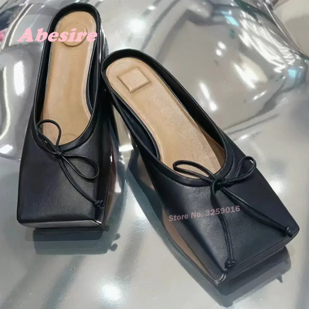 شبشب مسطح أحمر بمقدمة مربعة للنساء ، بغال جلد بعقدة فراشية ، حذاء أنيق أحادي اللون ، فاخر ، مثير ، جديد ، صيفي ،