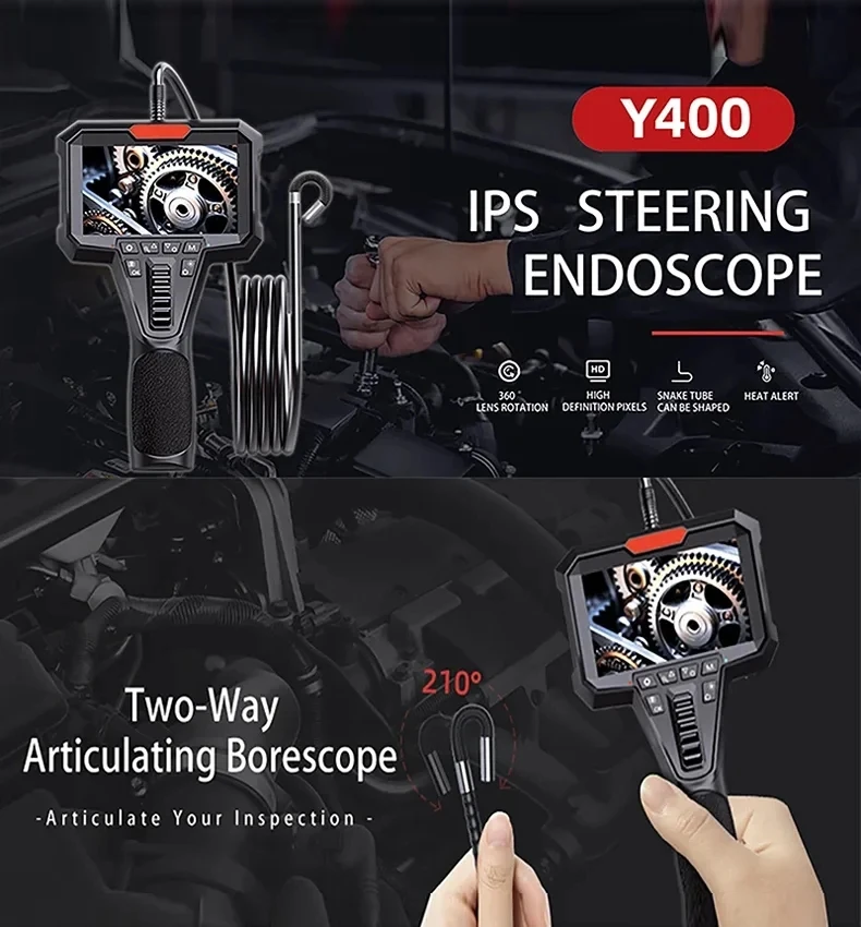 3.9mm/6.2mm Two-Way Articulating Endoscope With 4.3 Inch HD 1080P Steering Industrial Borescope For Engine Sewer Inspection