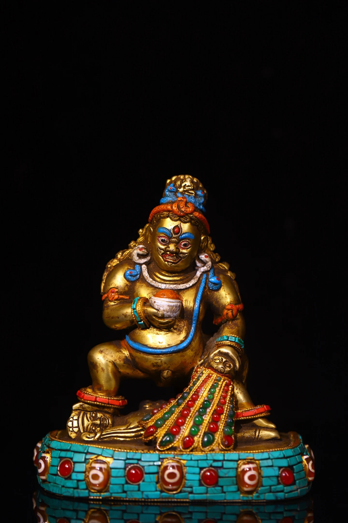 Purple Bronze Painted Mosaic Gem gZi Beads Shell Turquoise Black Jambhala Standing Buddha Worship Hall
