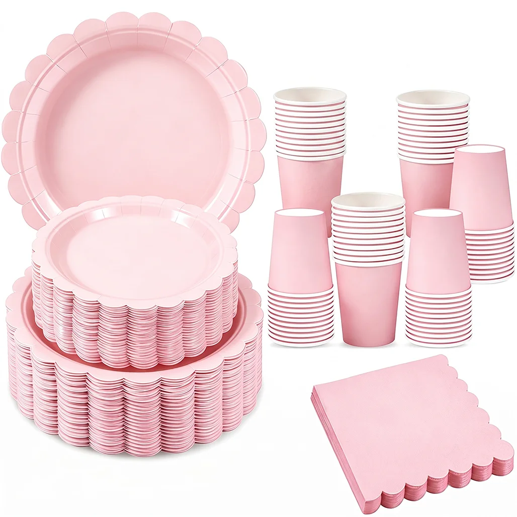 Elegant Pink Scalloped Edge Paper Plates Cups Napkins Solid Color Disposable Tableware For Baby Shower Birthday Party Decor