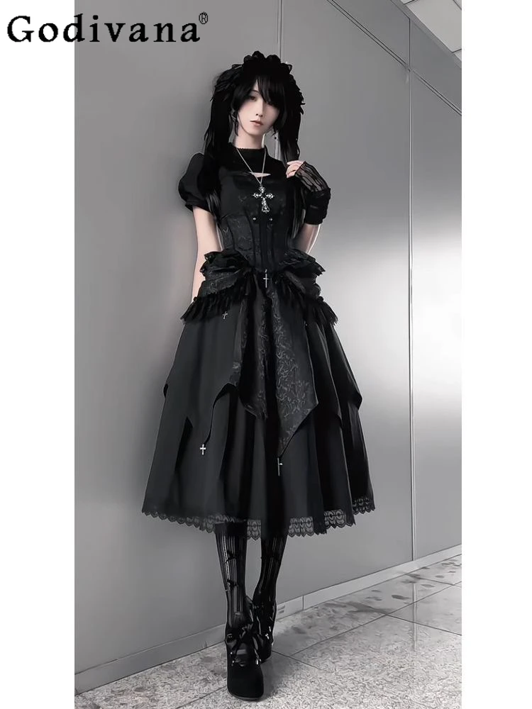 

Dark Loli Gothic Black Lolita Tutu Dress Japanese Girls Sweet Cool Babes Summer New Short-sleeved Court Style Dress