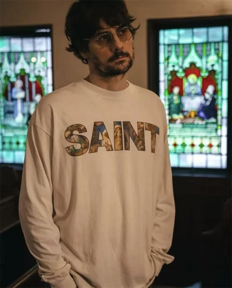 

Осень/зима SAINT Mxxxxxx FW25 креативная футболка с круглым вырезом и длинными рукавами с буквенным принтом и логотипом, винтажная уличная хлопковая футболка большого размера