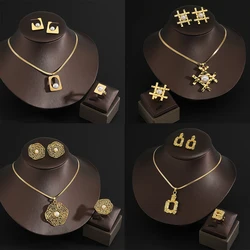 Women's gold Color Stainless steel Wedding Jewelry Luxury Pearl pendant Necklace+ earring+ rings Ladies Jewelry Sets for Bridal