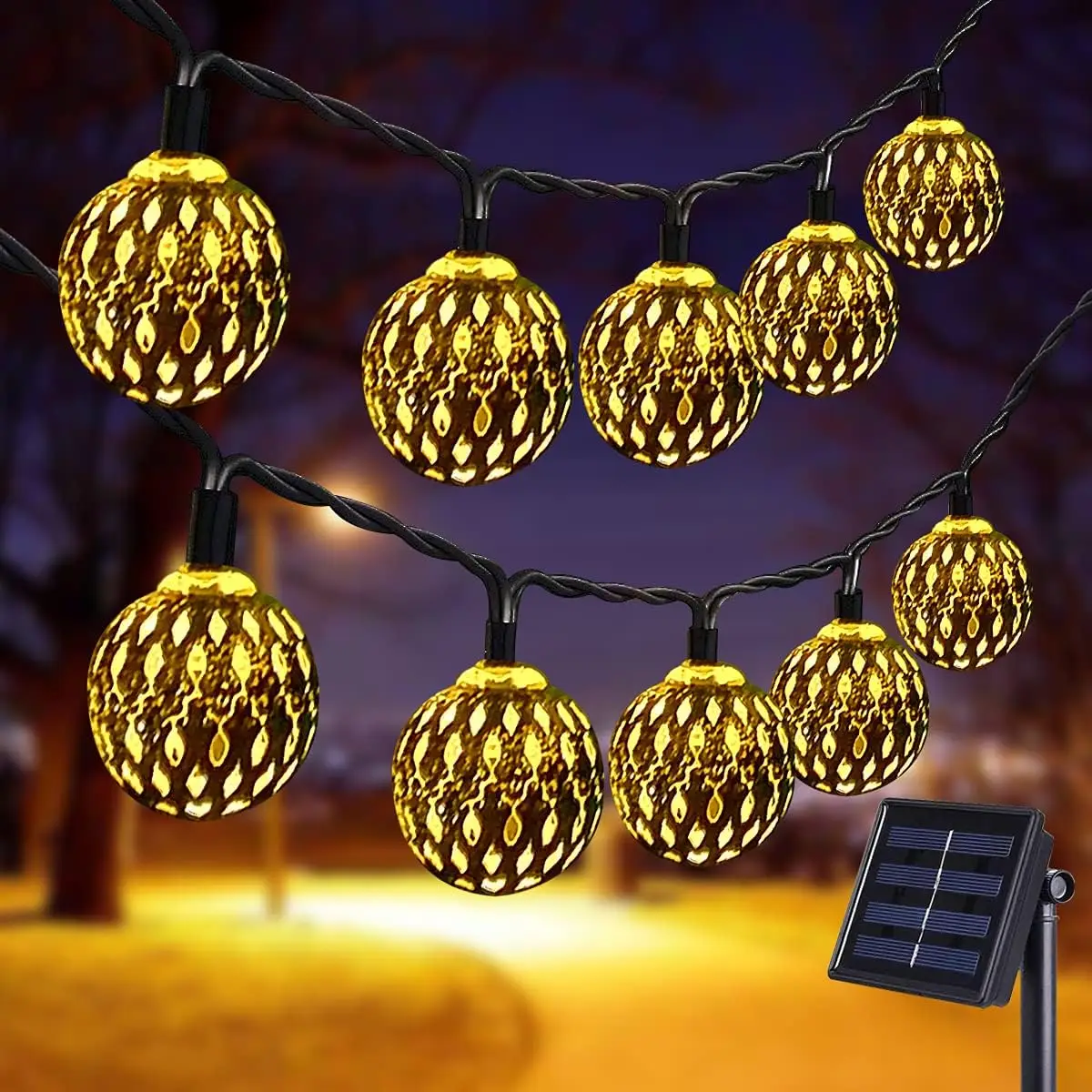 Zonne-Marokkaanse Zilveren Metalen Ballen Stringlichten Hanglamp Led Globe Fee Licht Voor Buitentuin Binnenplaats Vakantie Decor