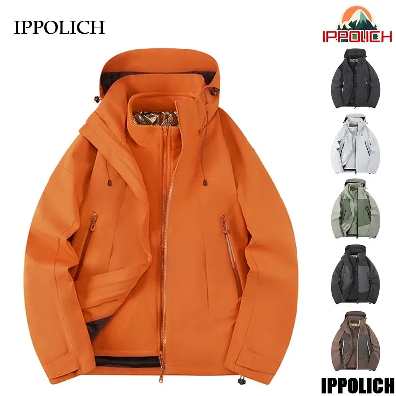 Autumn Winter 3 in1 Men Hiking Jackets Windproof Waterproof Antifouling Hooded Jacket Fleece Warm Outdoor Fishing Camping Coat