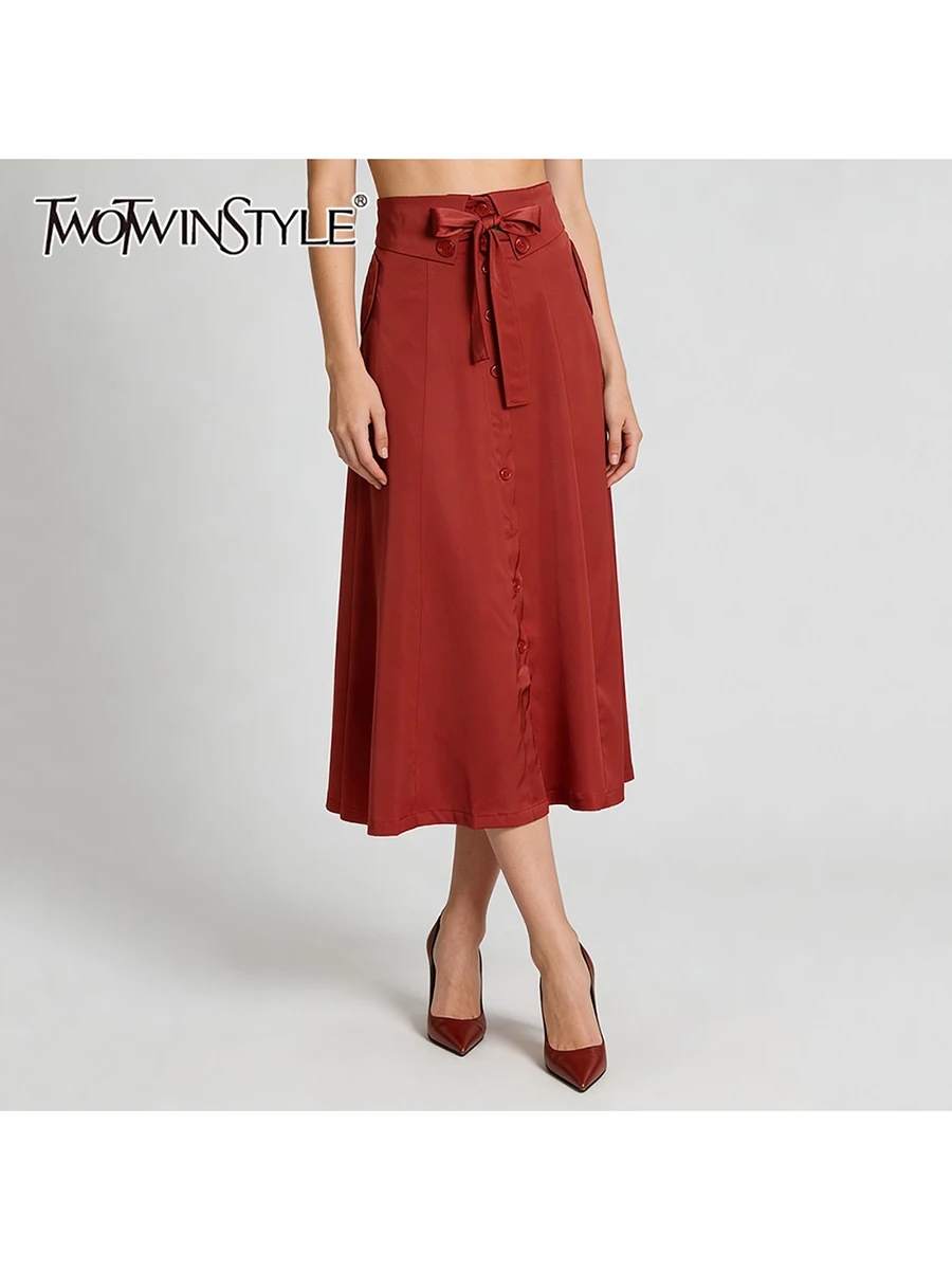 

Юбка женская TWOTWINSTYLE красная, сшитая из разных тканей, на одной пуговице, минималистичная, с высокой талией, с бантом, элегантная, длинная