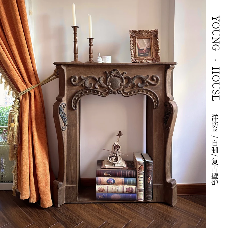 French solid wood fireplace ins Xiaohongshu fireplace cabinet American retro brown fireplace porch art decoration