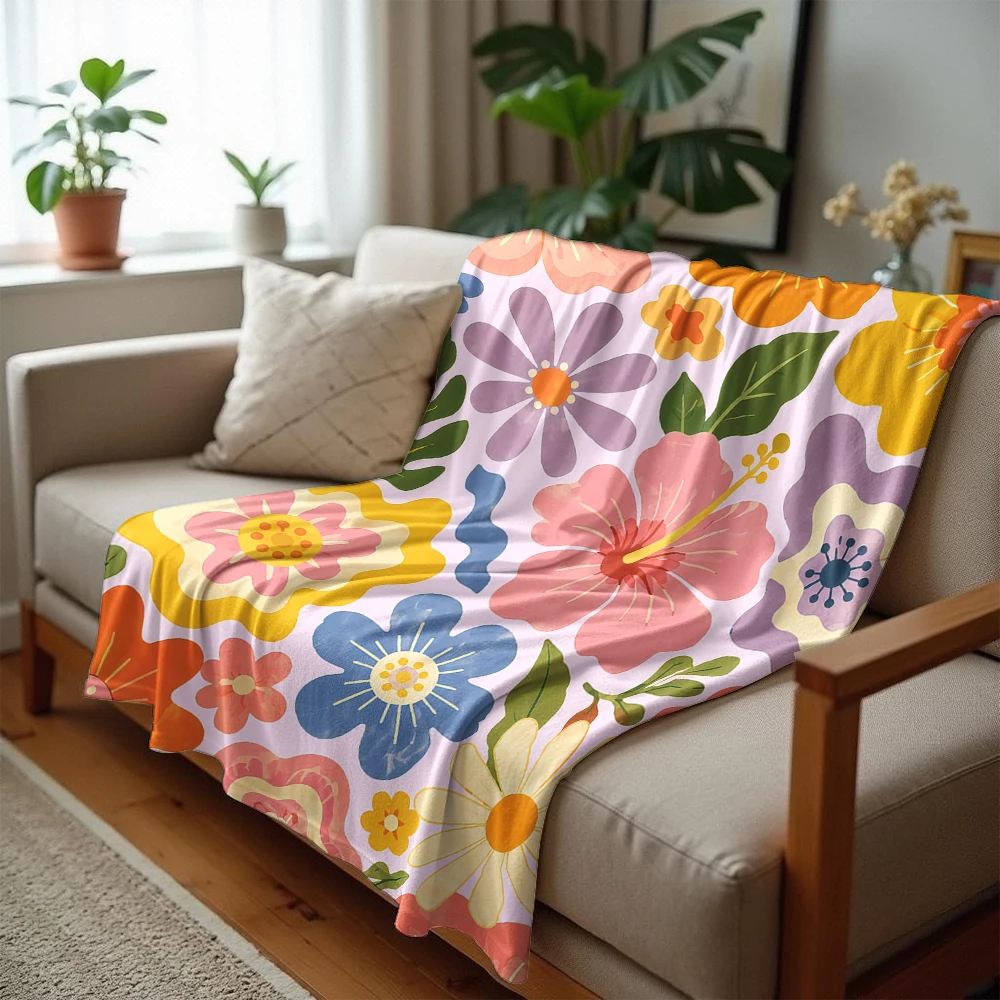 Boho Summer Flower Cartoon Anime Print Flannel Blanket Soft Warm Throw for Kids Bedroom Sofa Bed Christmas Office Car