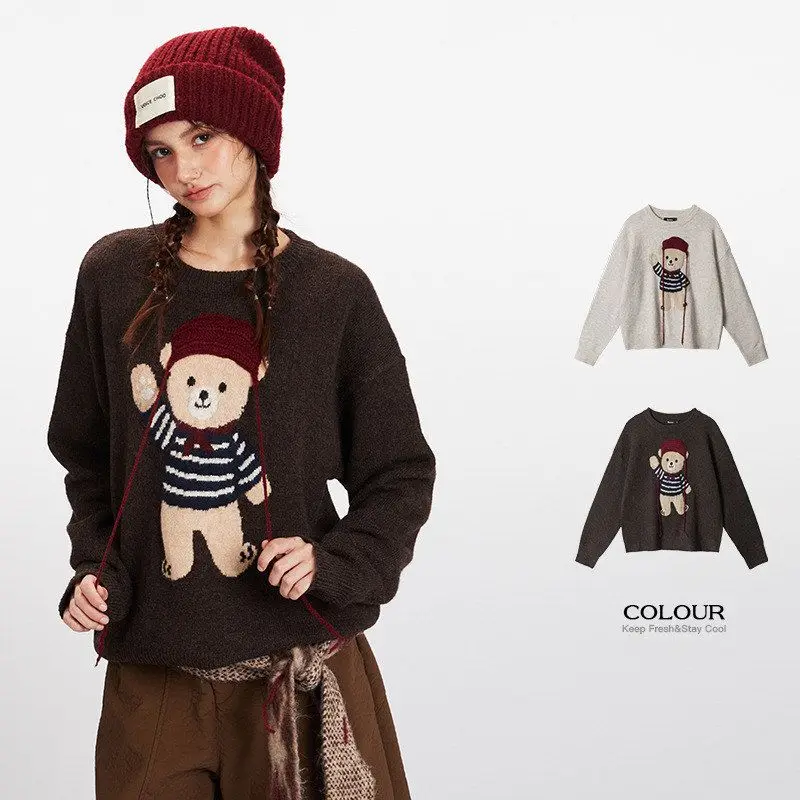 

HeyHenry Свободный крой круглый трикотаж с рисунком медведя Внутренняя одежда для пар Мужской повседневный свитер Зимняя мода для девочек