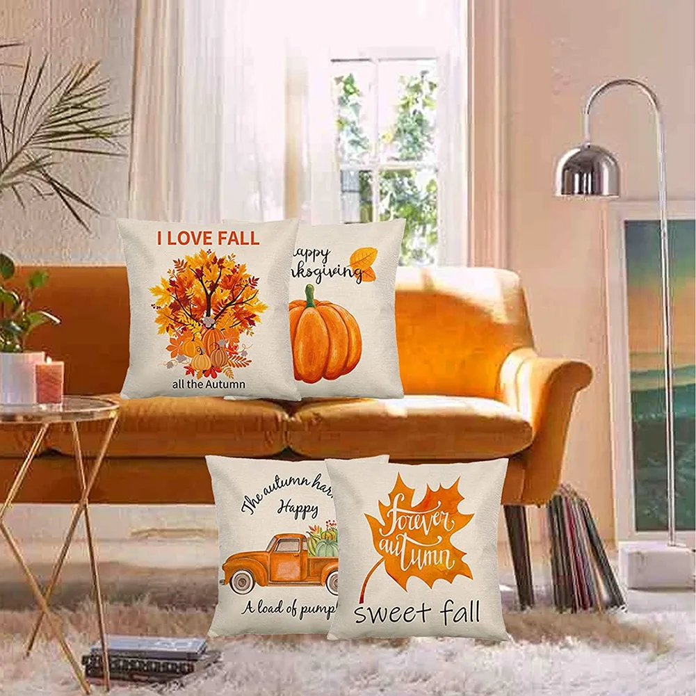 AT84-Pillow Covers For Fall Decor 18X18 Set Of 4, Farmhouse Autumn Decorations, Thanksgiving Home Decor Throw Pillows