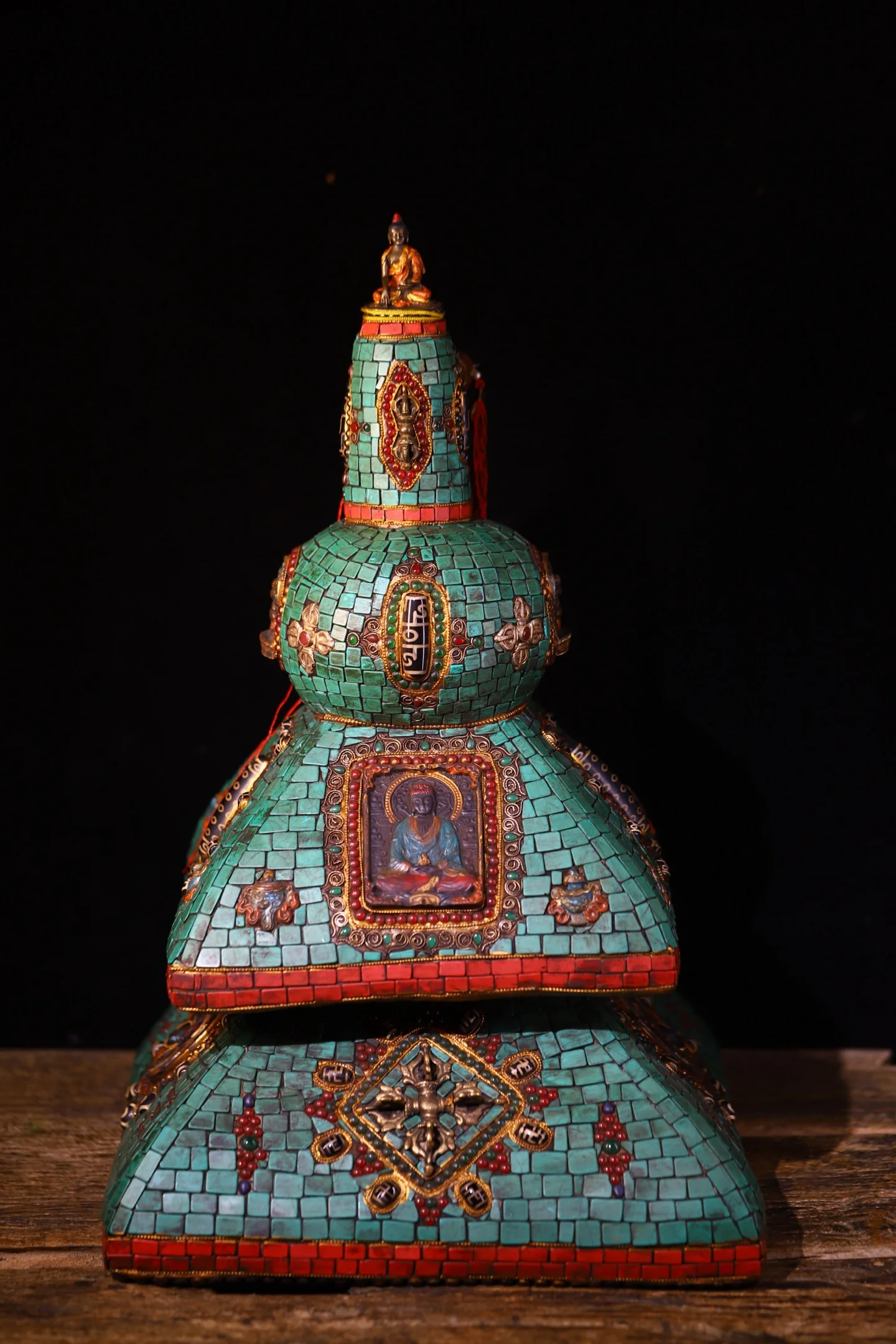 Old Natural Meteorite Painted Mosaic Gem gZi Beads Turquoise Shakyamuni Buddha pattern Stupa Dagoba Amitabha Worship Hall