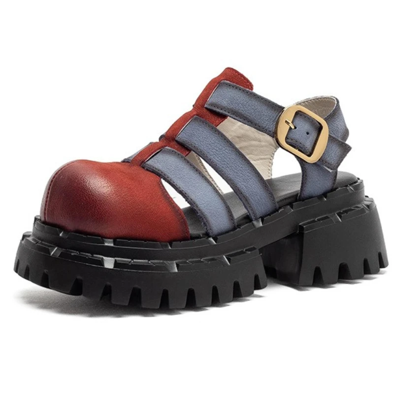 Myjyjz 6cm Genuine Leather Women Mary Jane Summer Flats Fashion Ethnic Hook Platform Wedge Sandals Big Toe Retro Comfy Shoes