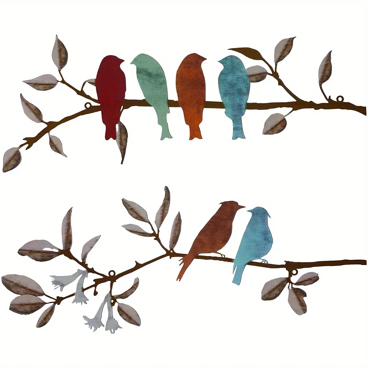 Metal Birds Wall Decoration Kit, Pássaros Pendurados, Pássaros Criativos no Ramo, Decoração Rústica, 2Pcs