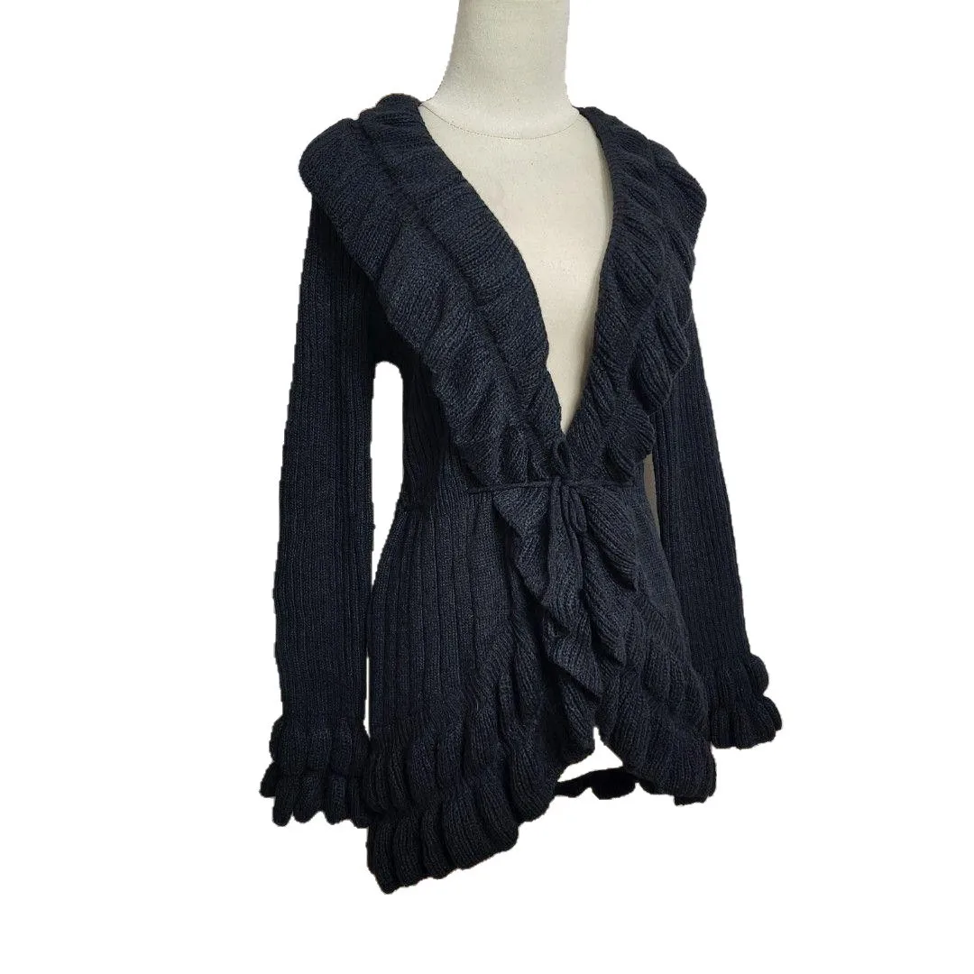 Y2k Gebreid Vest Trui Vrouwen Solid Veelzijdige Goth Streetwear V-hals Ruche Mode Esthetiek Casual Lange Mouwen Tie Tops - afbeelding 2