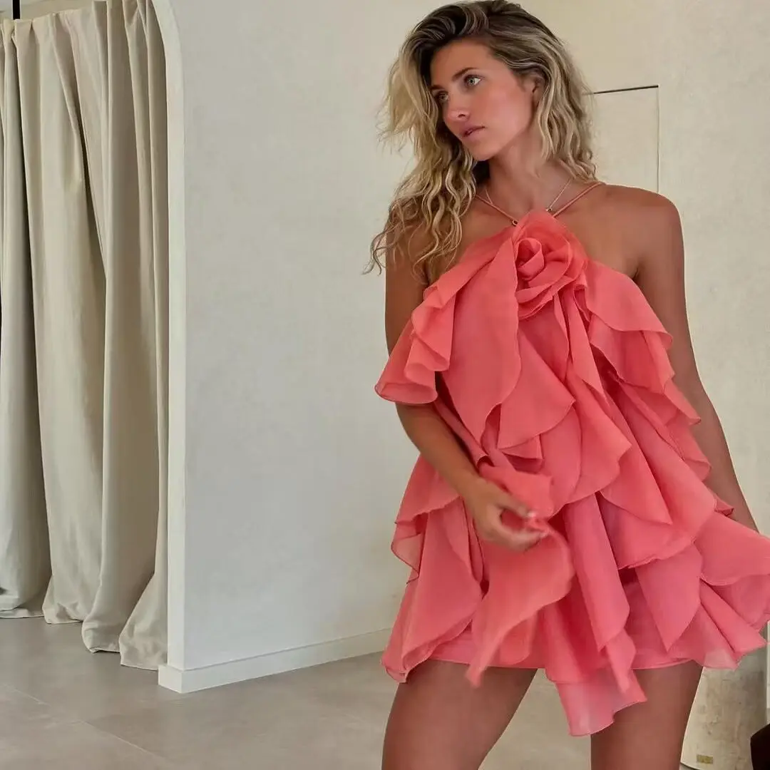 Vestido F E de Primavera ZBZR, Cintura Alta, Sem Mangas, Saia em Camadas, Vestido Urbano com Zíper nas Costas