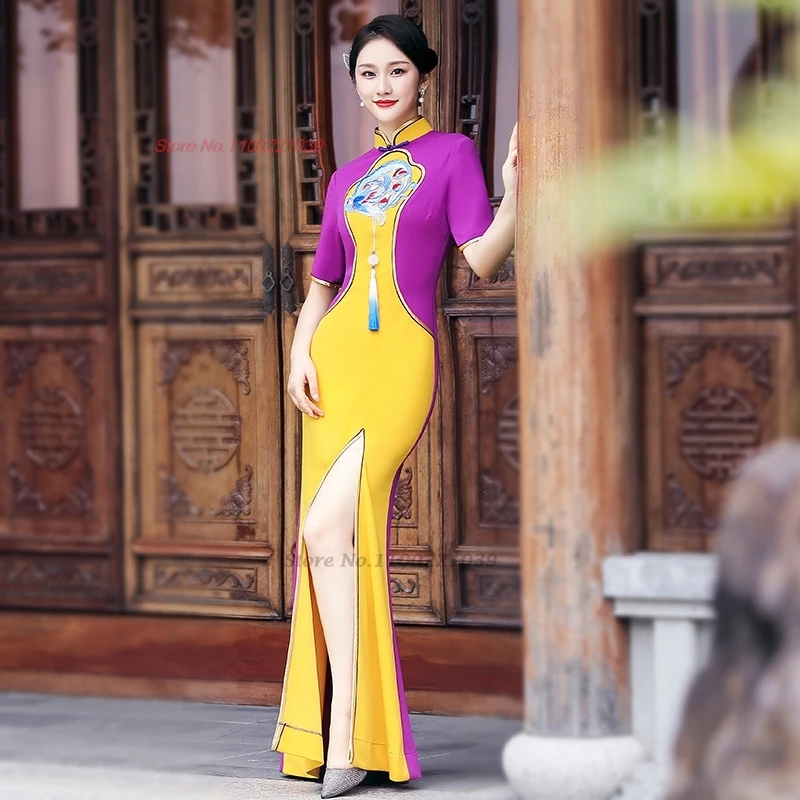 

2025 chinese vintage dress improved patchwork cheongsam national phoenix embroidery stage performance formal qipao banquet dress