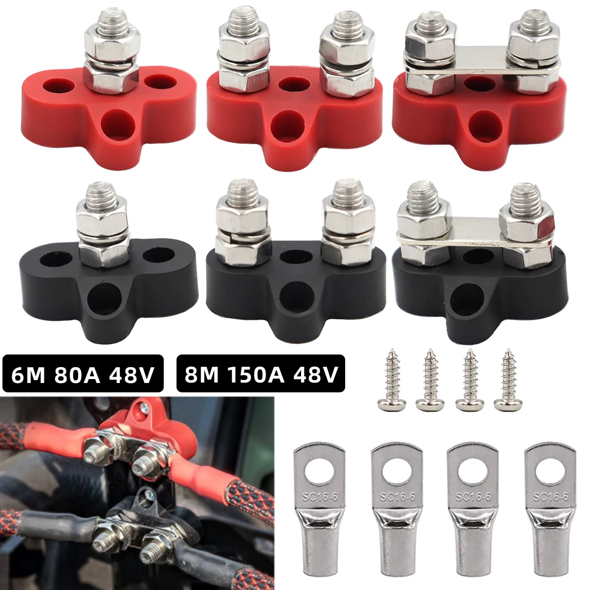 Terminal Block Studs M6 M8 Positive Negative Heavy Duty Bus Bar 5/16