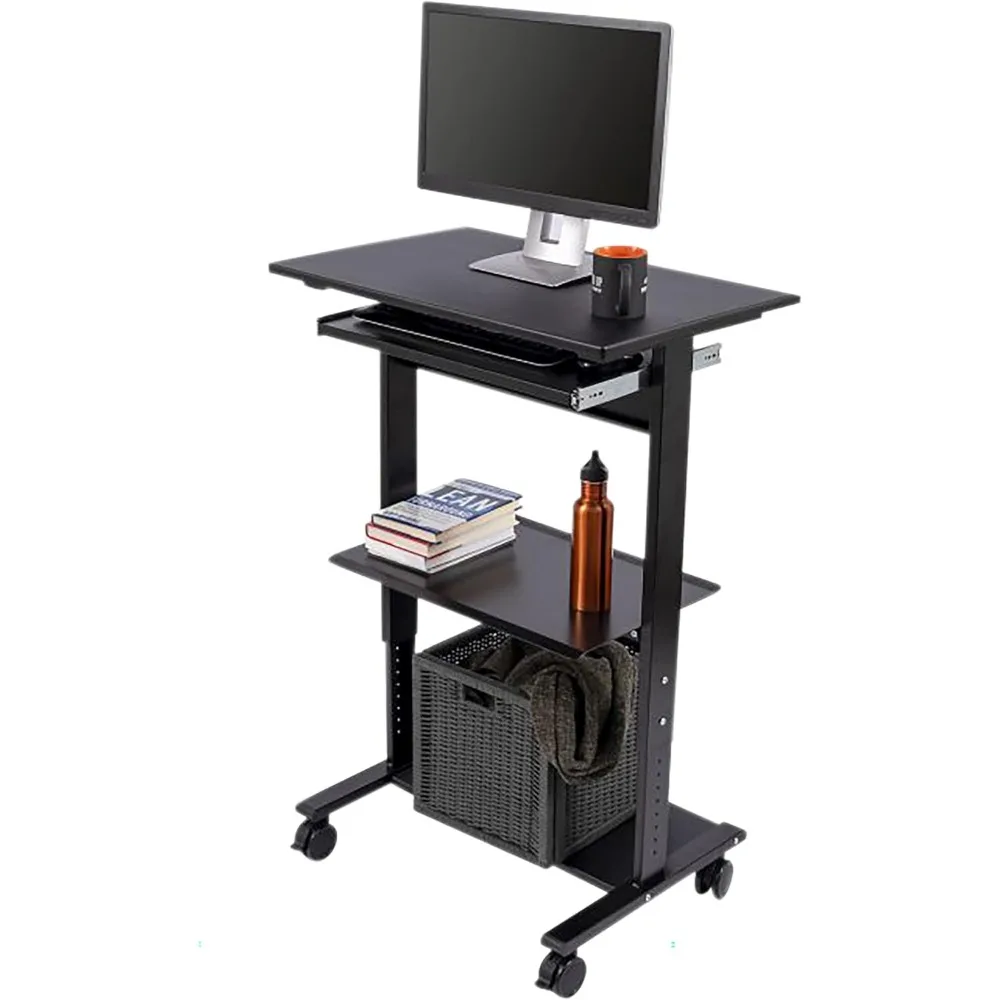 Stand Up Desk Store Mobile Rolling Adjustable Height Standing Workstation with Printer Shelf and Slideout Keyboard Tray