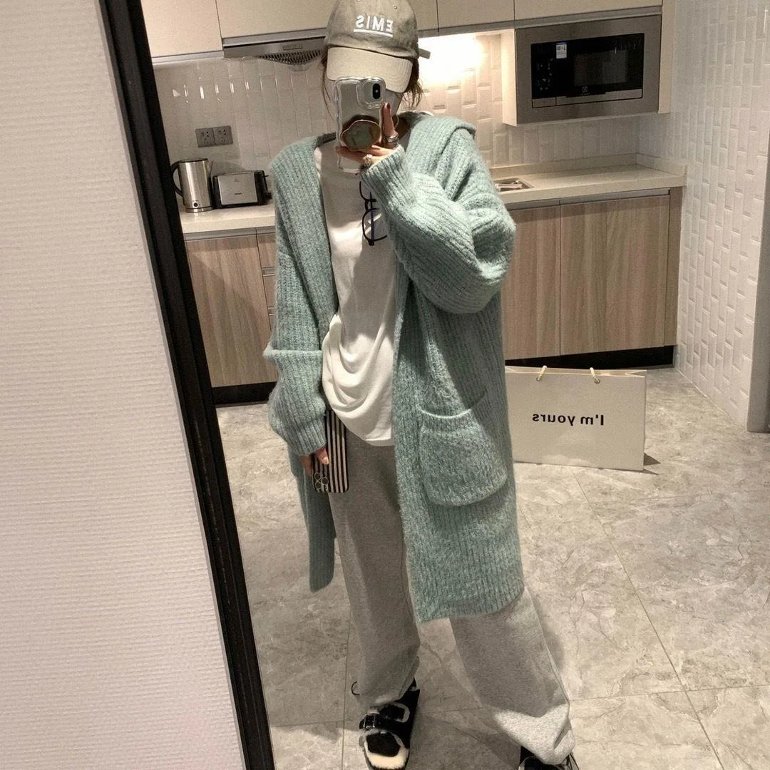 Women Hooded Sweater Cardigan Midi Length Coats Knitted Casual Jumper Full Sleeves Loose Y2k Elegant Office Lady 2025 Autumn