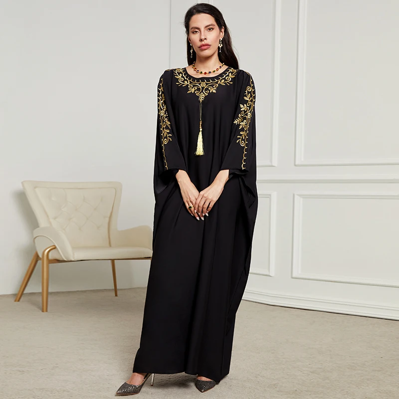 Muslim Fashion Floral Golden Embroidery Casual Abaya Long Sleeve Batwing Sleeve Tassel Dress Moroccan Dubai Abaya Women Robe