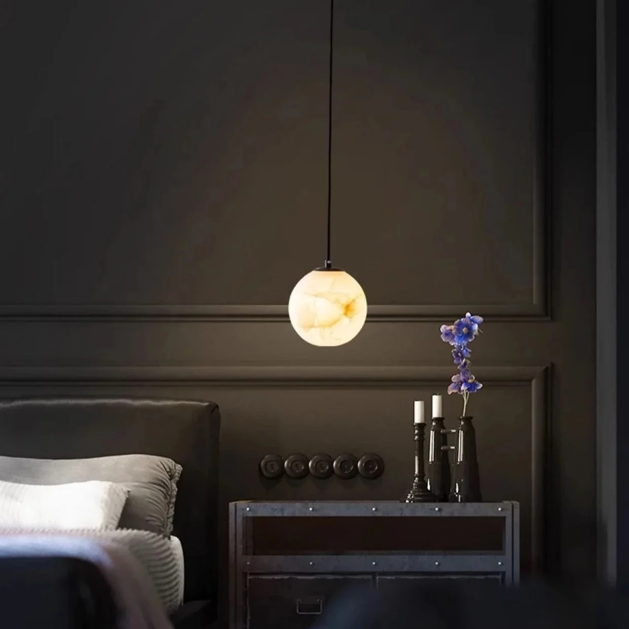 Round Ball Natural Marble LED Pendant Light Brass for Bedside Bar Counter Dining Room Study Bedroom Ceiling Decor