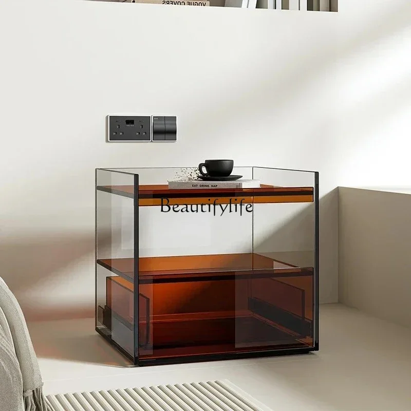 

Acrylic integrated bedside table simple modern light luxury Italian bedroom bedside rack