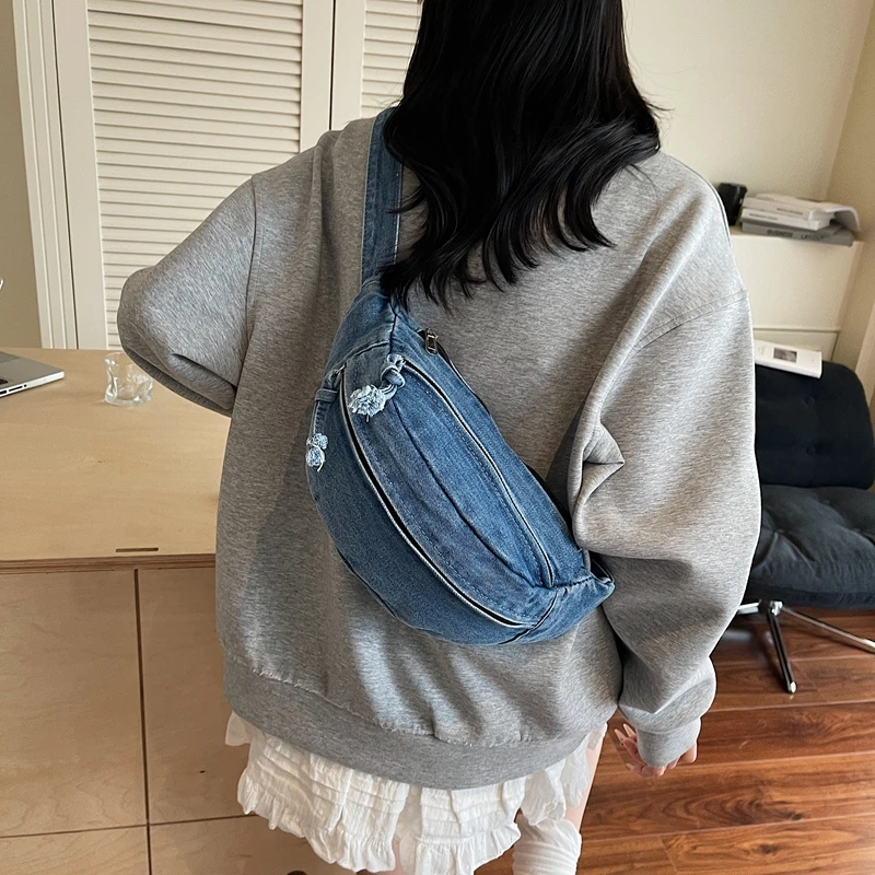 

Джинсовые лоскутные поясные сумки на молнии, простые женские сумки большой вместимости, 2025 г., высококачественные повседневные женские сумки через плечо