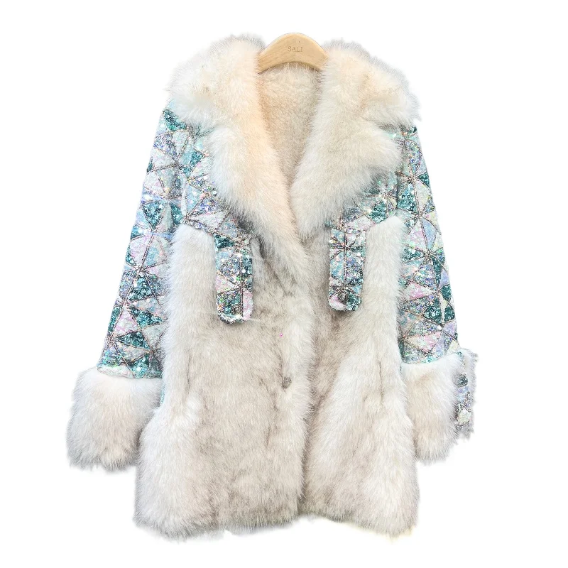 European Station Heavy Industry Sequined Long-sleeved Faux Fur Coating Women 2024 Winter Thickened Warm Elegant Fur Coating