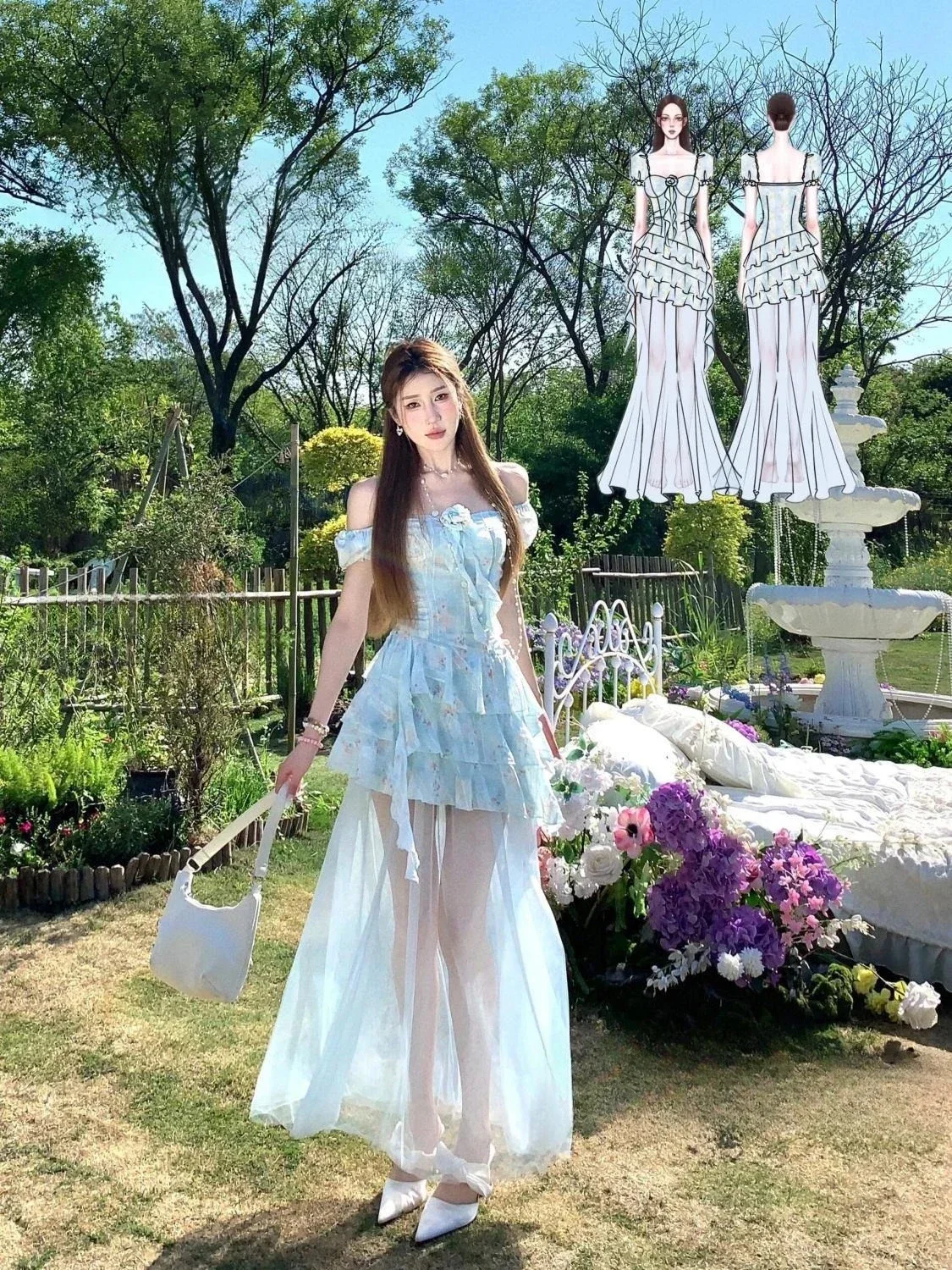

Elegant Summer Midi Dress with Puff Sleeves, Y2K Beach & Evening Party Dress, Korean Fashion One-Piece