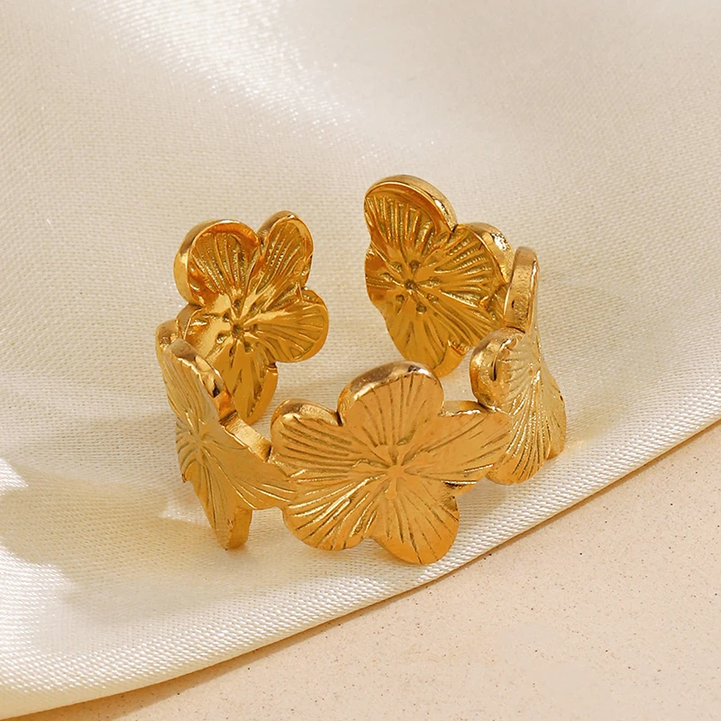 Women's 18K Gold PVD Plated Flower Adjustable Opening Ring