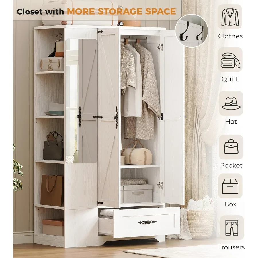 70 خزانة ملابس خشبية عالية لغرفة النوم مع مرآة ببابين خزانة ملابس تتميز بقضيب معلق 5 أرفف بناء