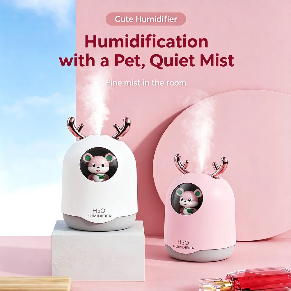 Deer Horn Cute USB Humidifier, Large Capacity, Night Light, Continuous & Intermittent Spray, Auto Shut-Off, Quiet Operation
