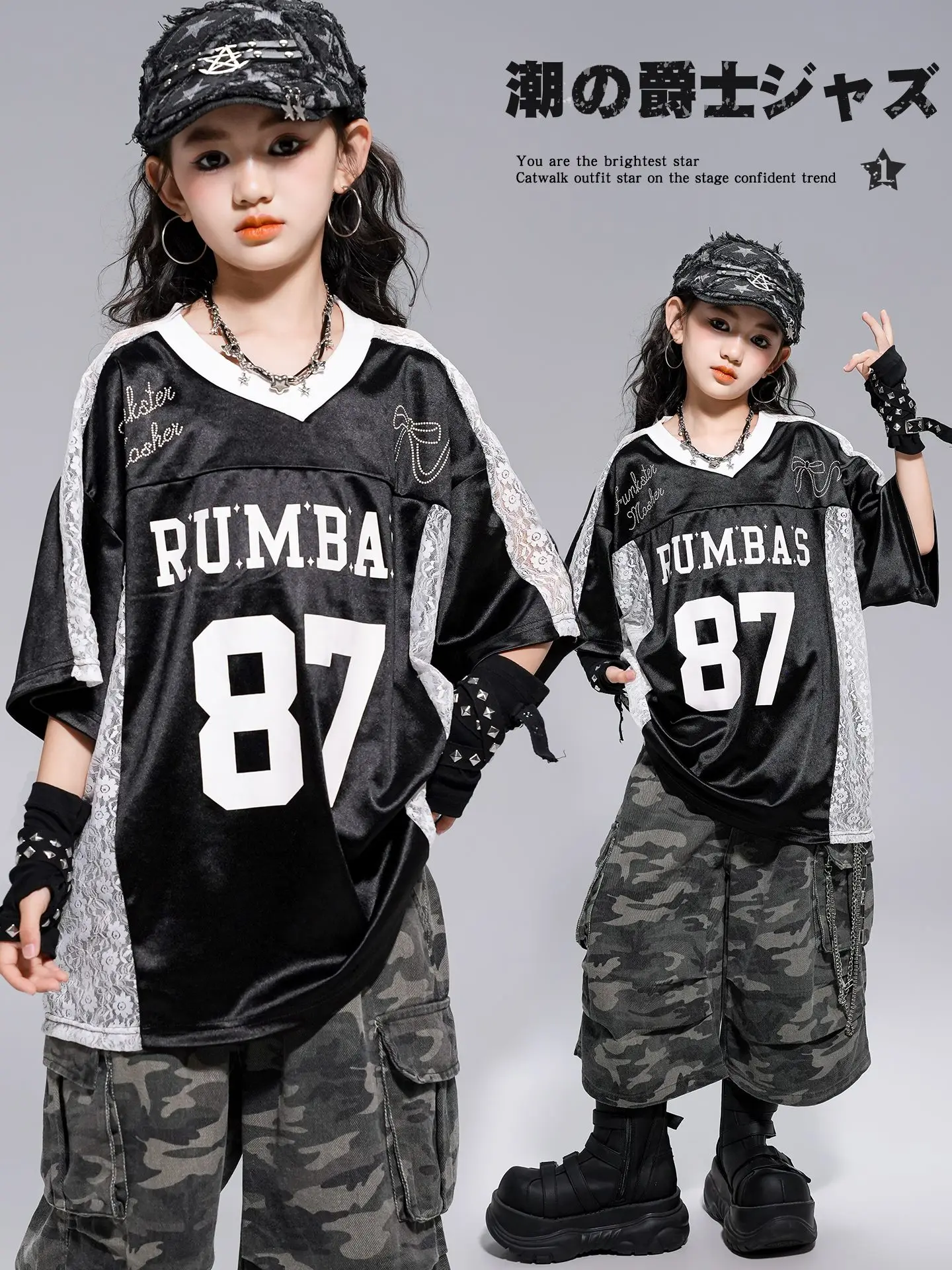 

Fashion Jazz Dance Girls' Performance Clothes Girls Team Short Sleeve Top Camouflage Shorts Hiphop Street Dance Wear DQL10980