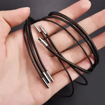 45/50/60cm Black/Brown Leather Chain Necklace For Women Men Handmade Waxed Braid Rope Stainless Steel Clasp Neck Pendant Chain