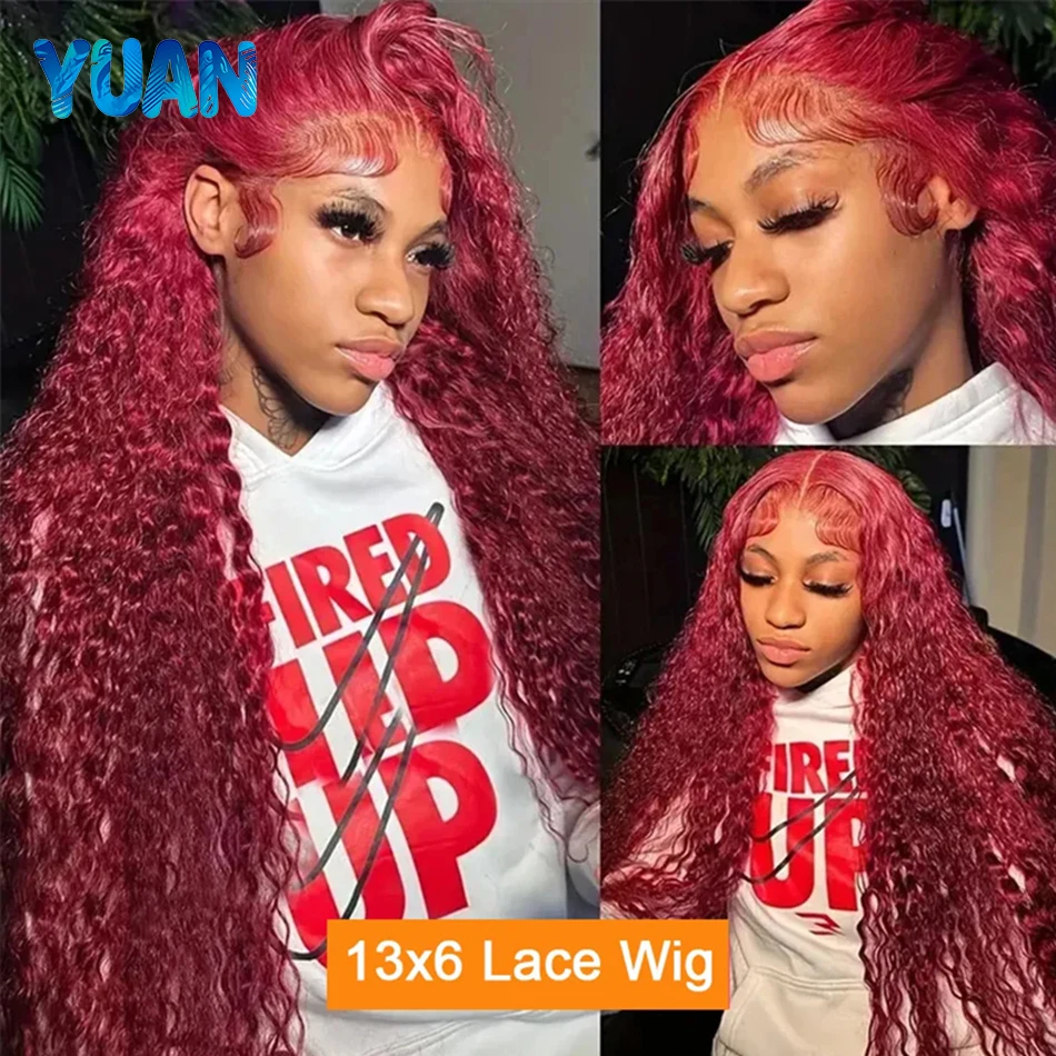 Burgundy 13x6 Hd Lace Frontal Human Hair Wig Deep Wave Curly Wigs For Women 30 Inch Water Wave Colored 99j Red Lace Front Wig image 3