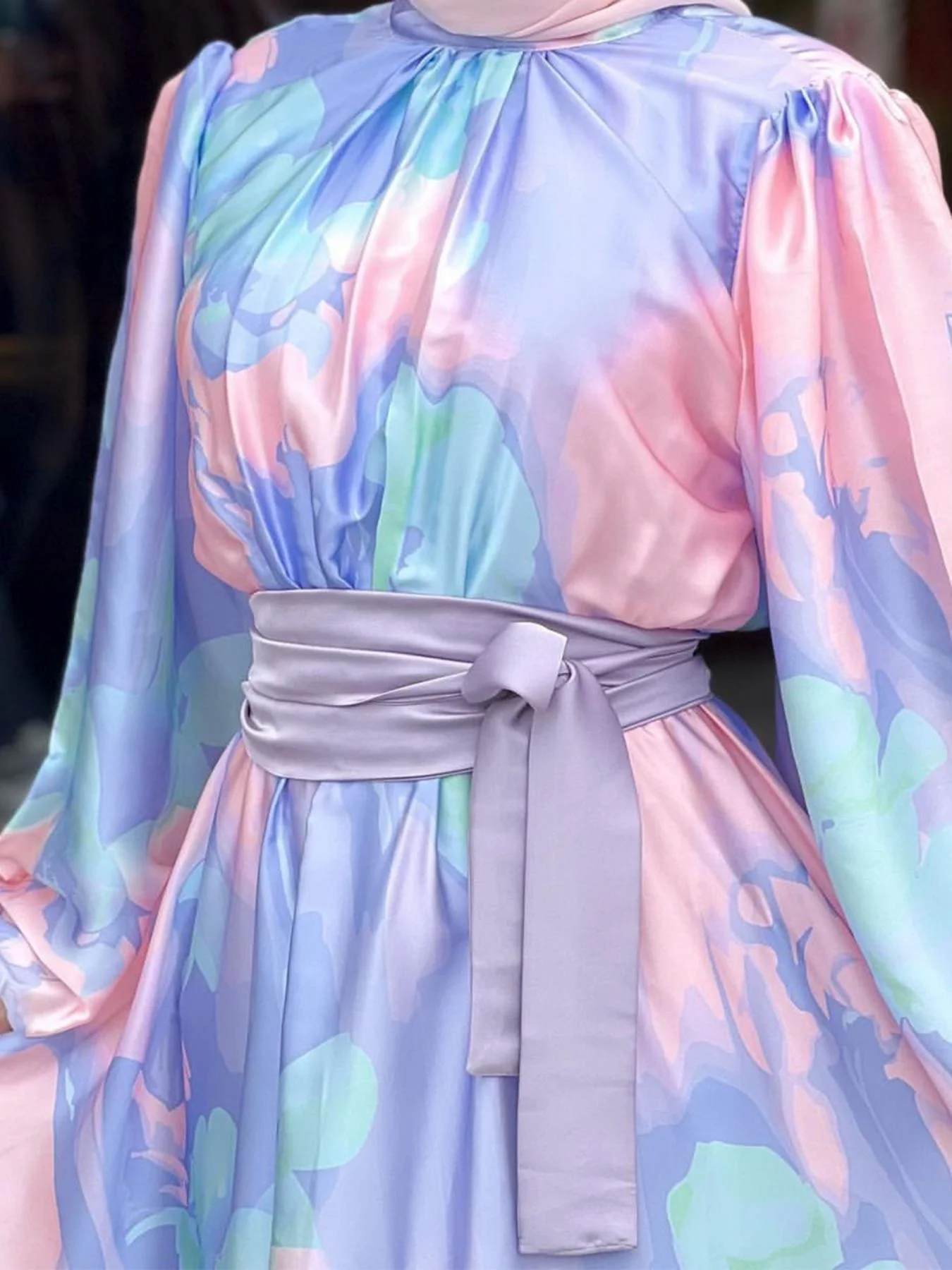 

Ближний Восток Pure Beau Print Stand Collar Bubble Long Sve Maxi Dr с поясом Высокая талия Street Sle Полиэфирное волокно Su...