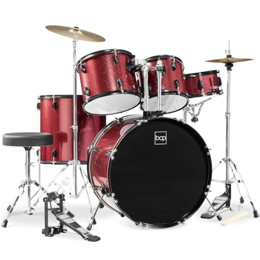 

Red Sparkle Full Size Adult Drum Set with Cymbal Stands Stool Pedal and Sticks for Home or Stage Performance