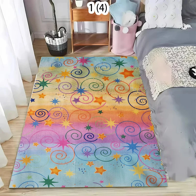 Rectangular Carpet Colorful Star Spiral Striped Pattern Soft Decorative Floor Mat for Kids Room Bedroom Living Room Home Decor