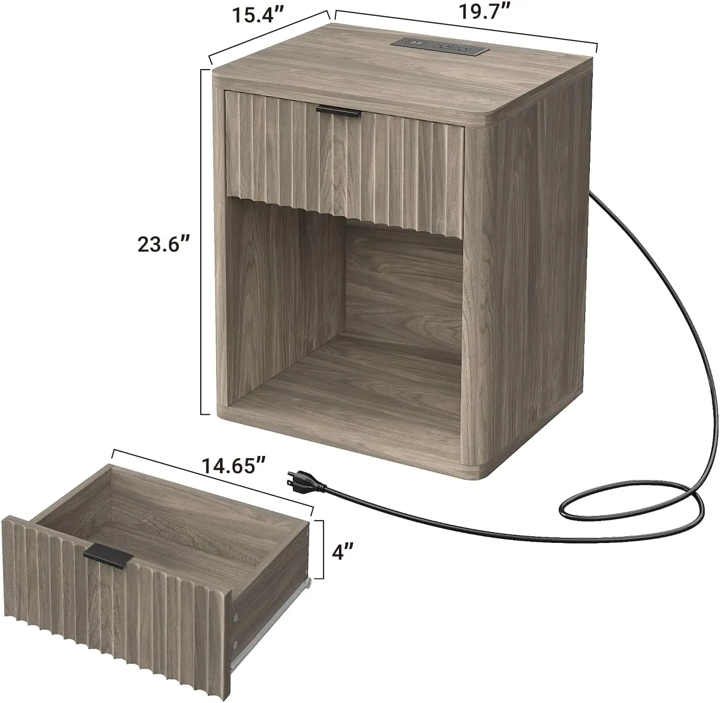 Fluted Night Stand Set of 2 with Charging Station & LED Lights, Modern Bedside Tables with Outlets/USB for Bedroom, Customized