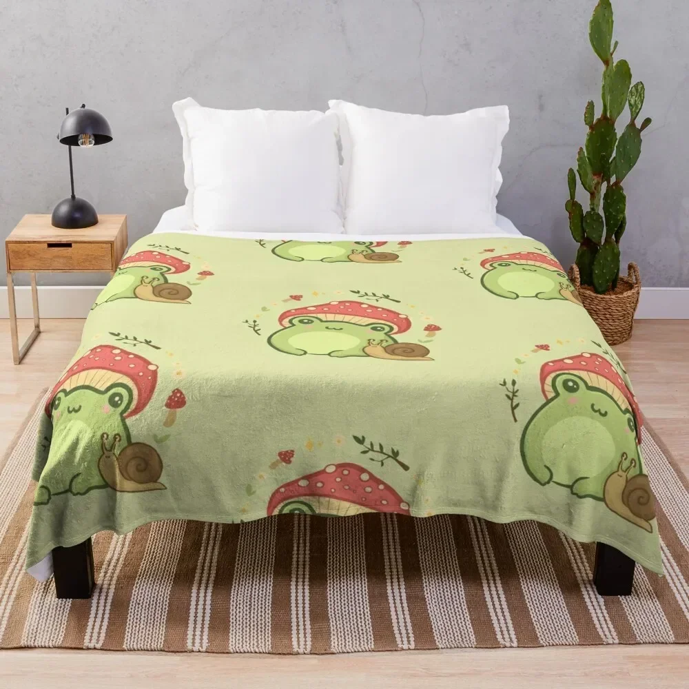 

Super Cute Kawaii Frog with Toadstool Mushroom Hat Snail - Cottagecore Aesthetic Forggy Mushrooms - Amanita Muscar Throw Blanket