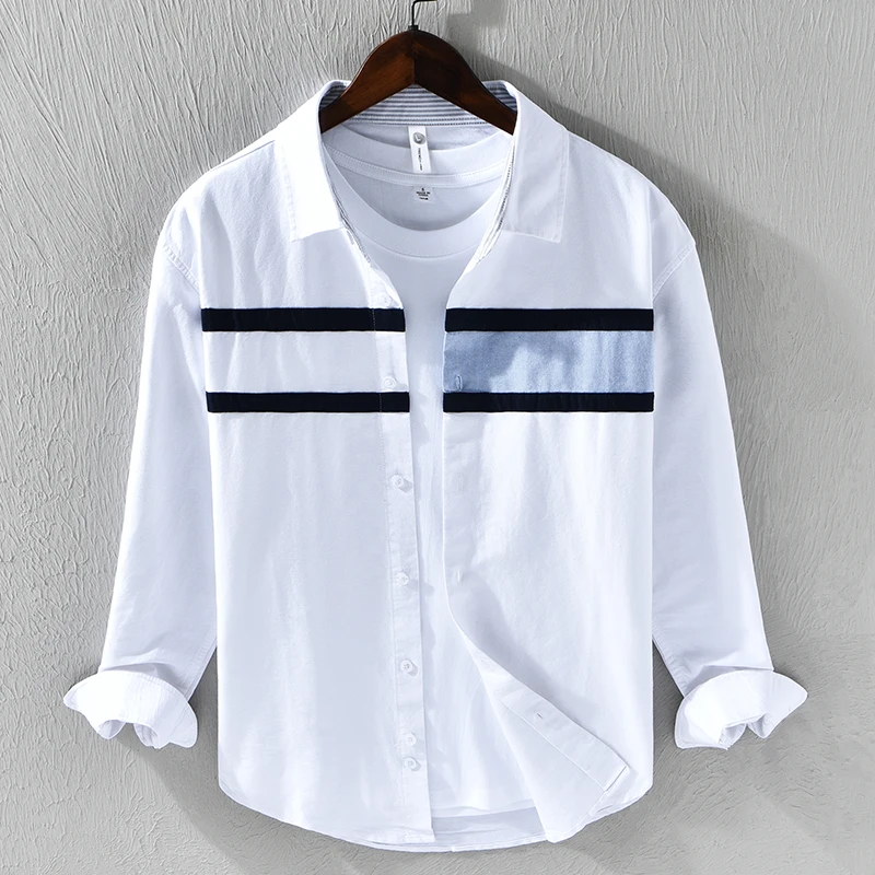 

2026 Spring Summer New Casual Patchwork Pure Cotton Long Sleeve Shirts for Men Clothing Breathable Soft Male Shirts