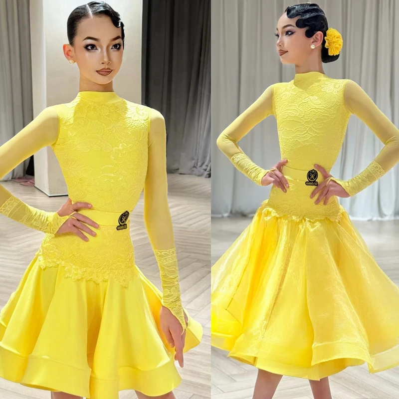 

Kids Professional Dancing Dresses Waltz Ballroom Dance Competition Dress Girls Yellow Latin Dance Performance Wear SL15687
