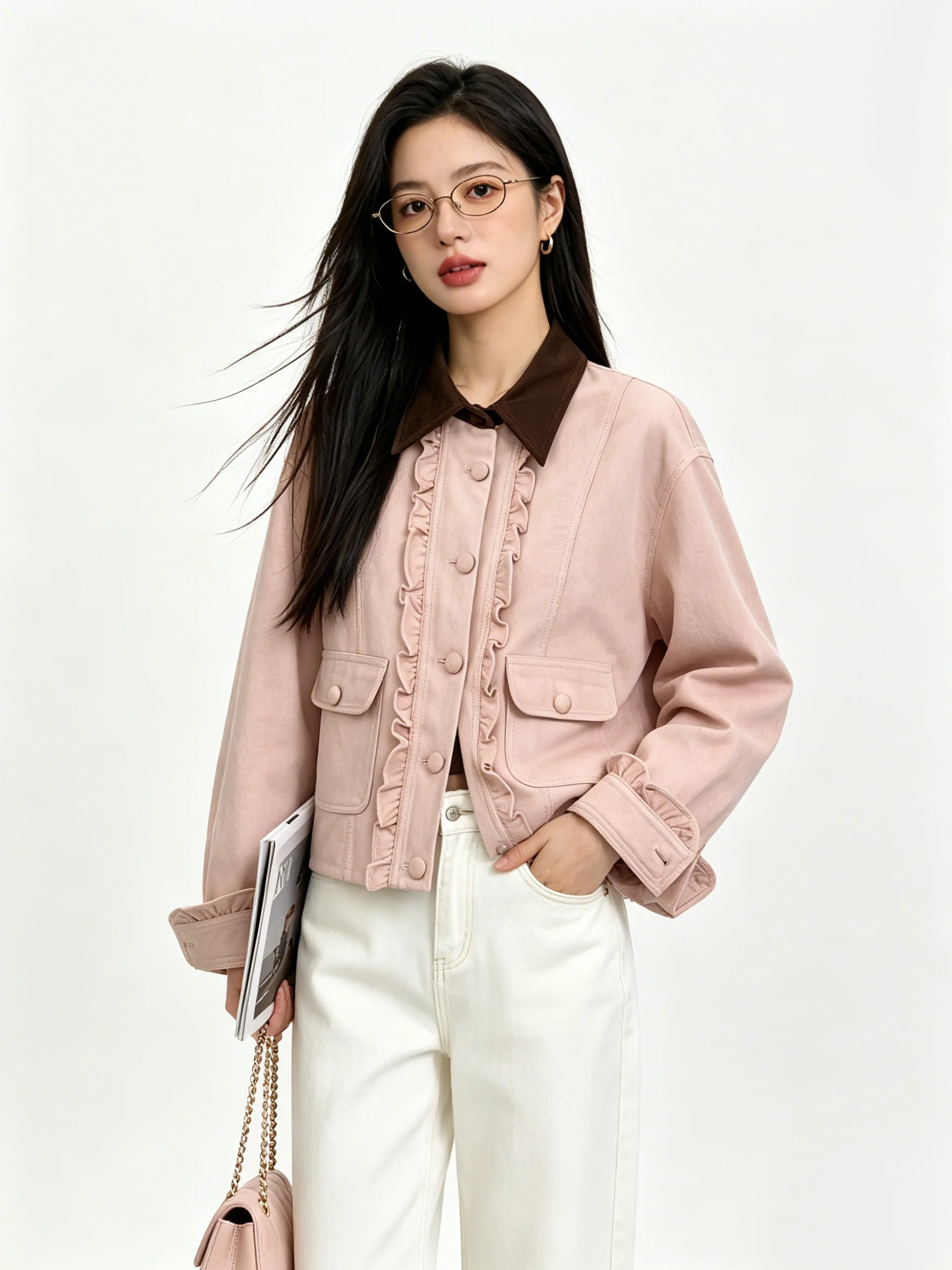 Elegant Suede Short Jacket Sweet Youthful Contrast Color  Collar Slimming Spring Fashionable Women's Outerwear Coat