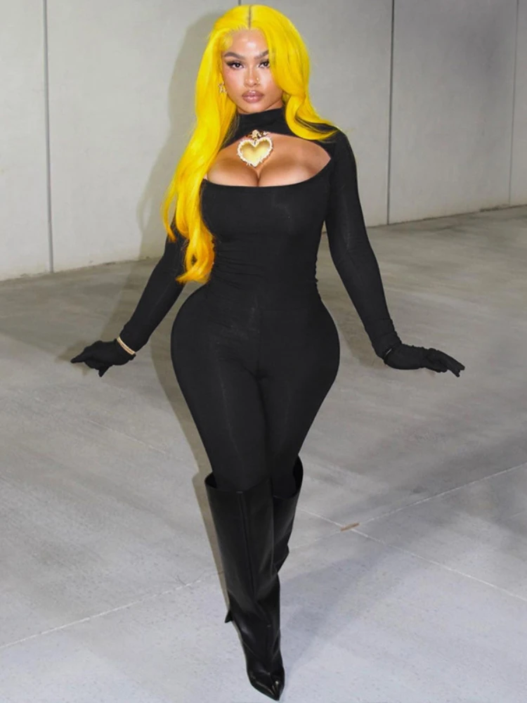 Weiyao-macacão sexy para mulheres, roupas elegantes para dar forma ao corpo, manga longa, com pescoço meio oco, macacões com luvas, Y2K