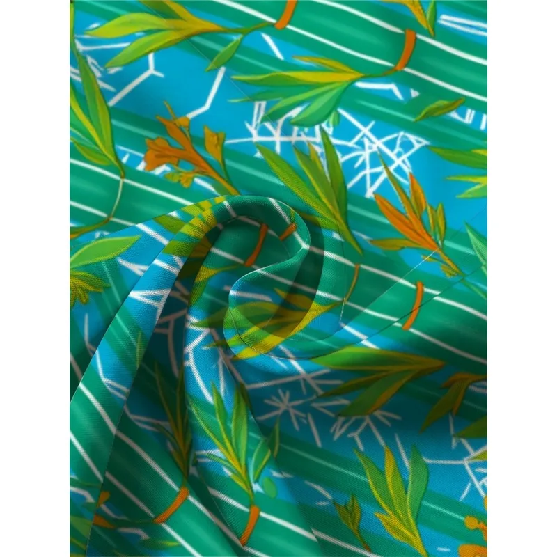 Men's Tropical Leaf Print Shirt Short Set Polyester Beachwear Vacation Casual Holiday Outfit Bright Green Comfortable Breathable view 5
