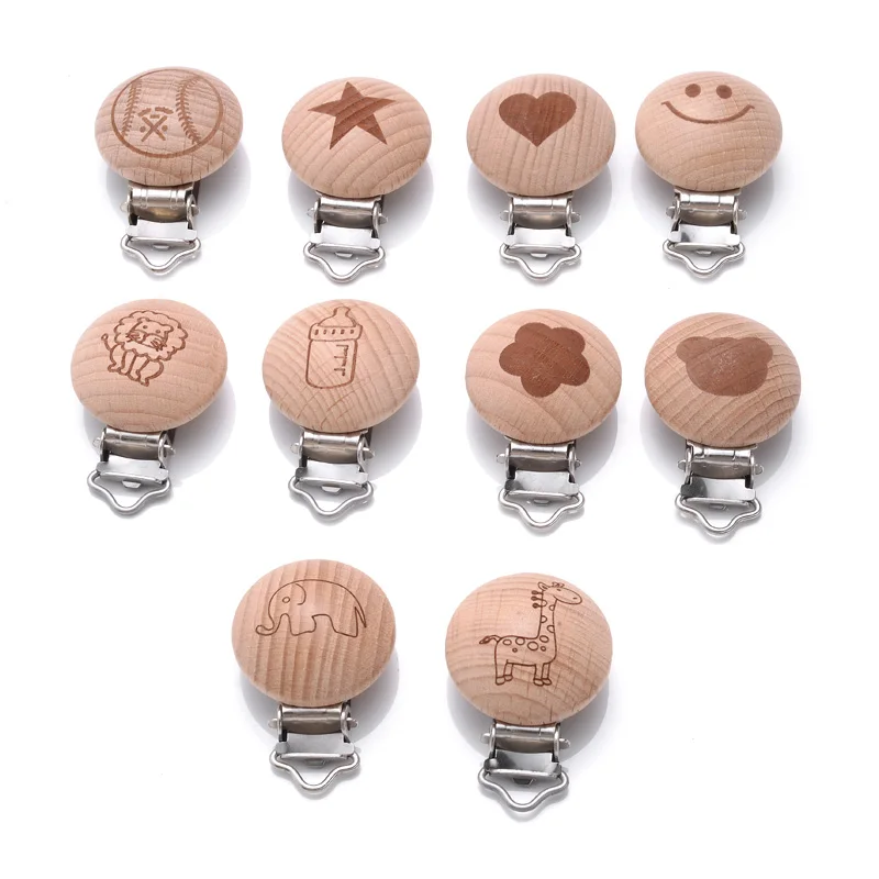 10Pcs Round Printing Beech Wood Teething Clip Chew Soother Pacifier Clip Chain For Nipple Chain Clip Nursing Product Wholesale