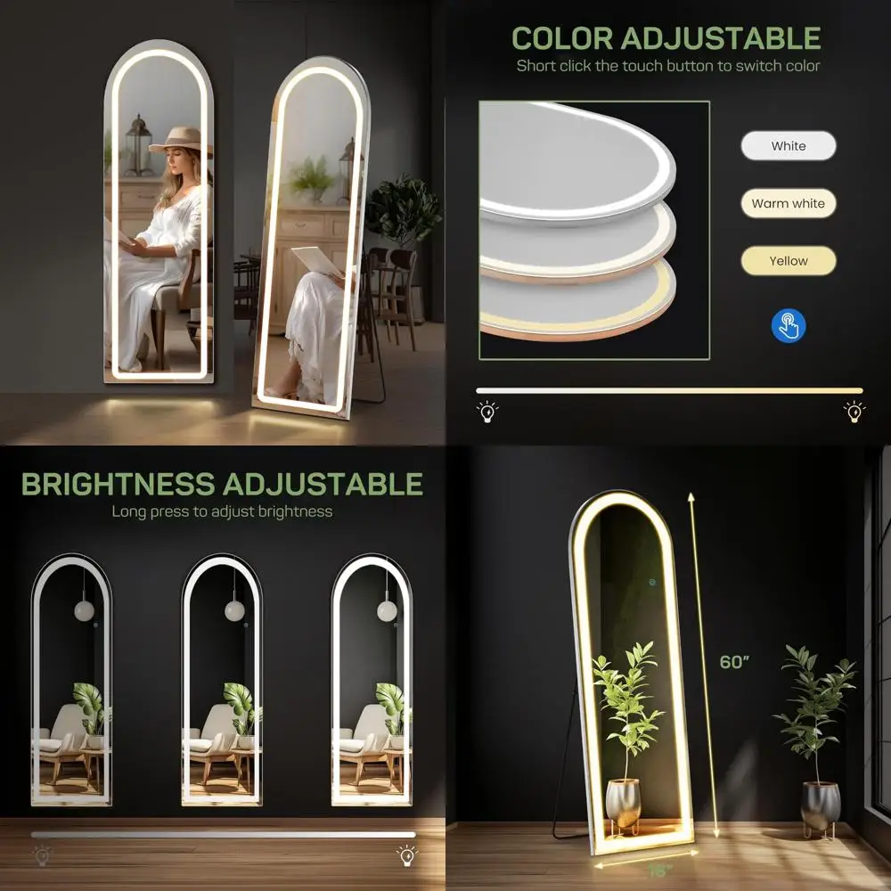 

LED-Illuminated Arched Floor Mirror, Full-Length 16x60 Inch Wall Mirror, Standing or Leaning, Tall Arched Mirror with Stand for