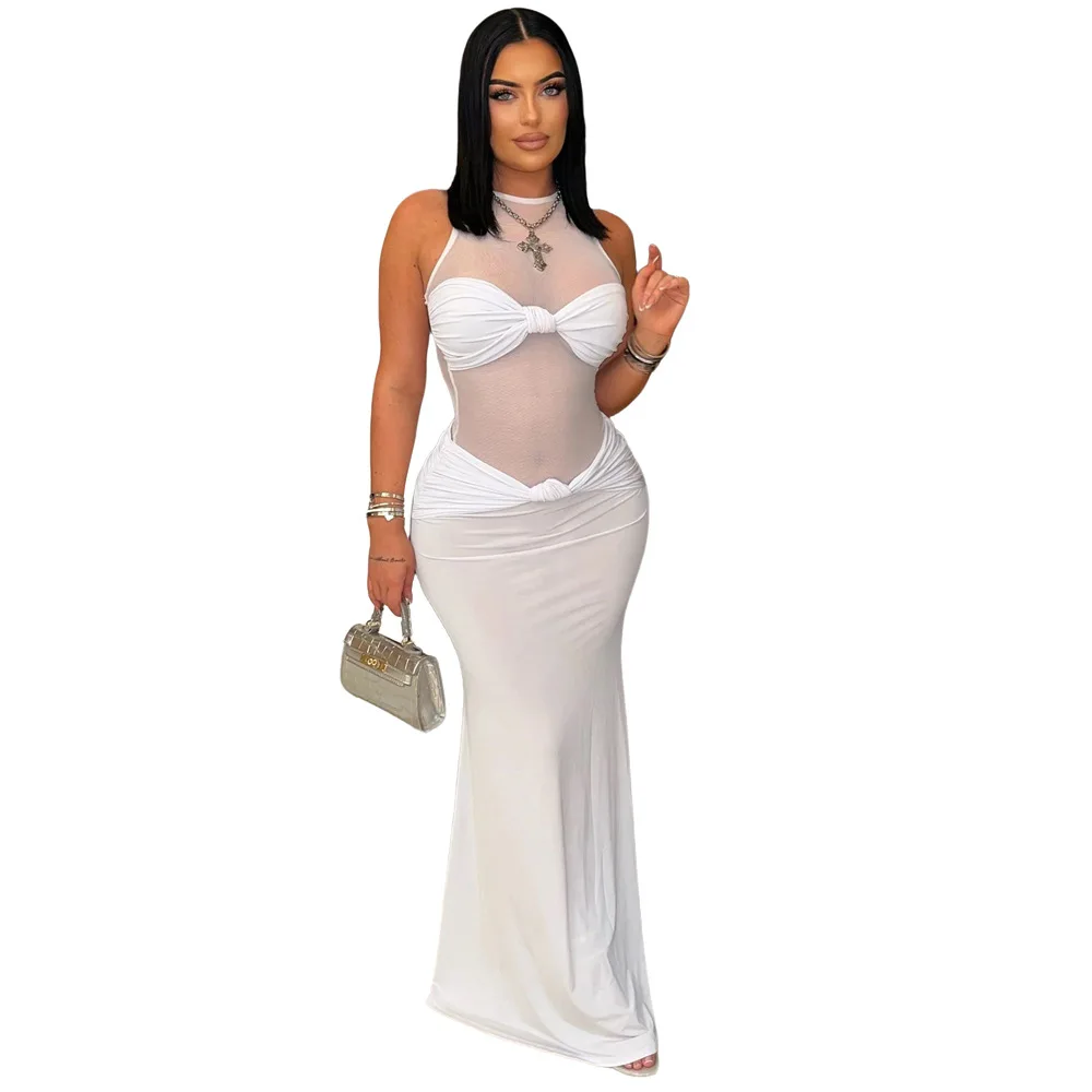 EINY Chic donna maglia vedere anche se maniche da ballo maxi bowknot abito lungo elegante formale sexy festa da sera abiti da strada