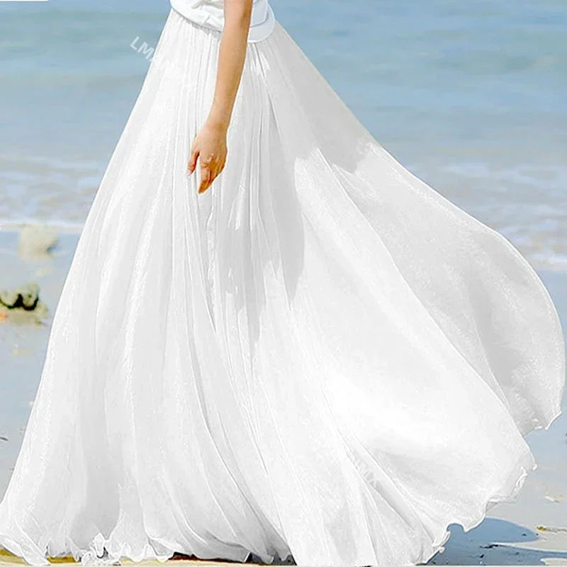 2024 Fashion Women Chiffon Long Skirts High Waist Floor Length Ruffles White Summer Boho Maxi Skirt